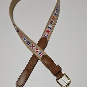 Vintage Nautical Flag Canvas Belt with Brown Leather Adjustable Size 38